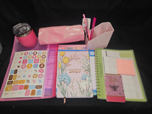Pink 2027 Women’s Planner & Desk Gift Box with diary, thermal mug, stationery and desk accessories