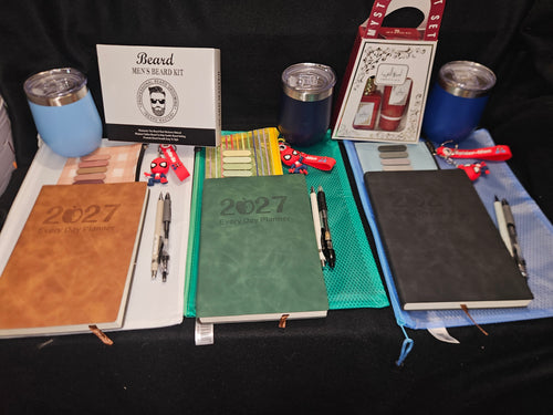 2027 Men's Planner and Essentials Gift Box with diary, thermal mug, stationery and grooming gift set