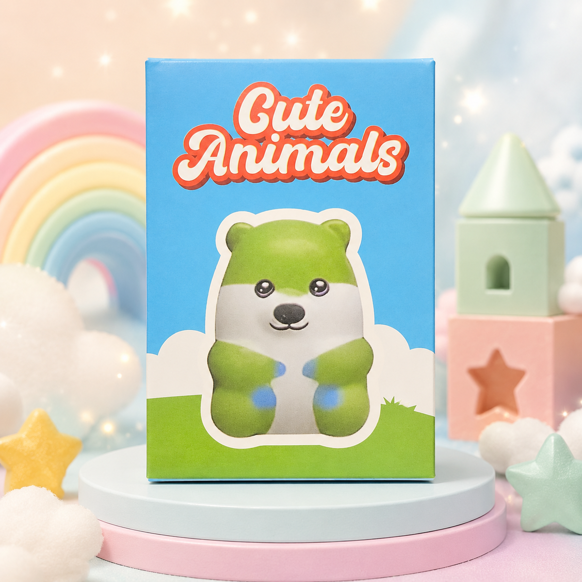 Cute Animals squishy toy and packaging in a whimsical pastel rainbow display