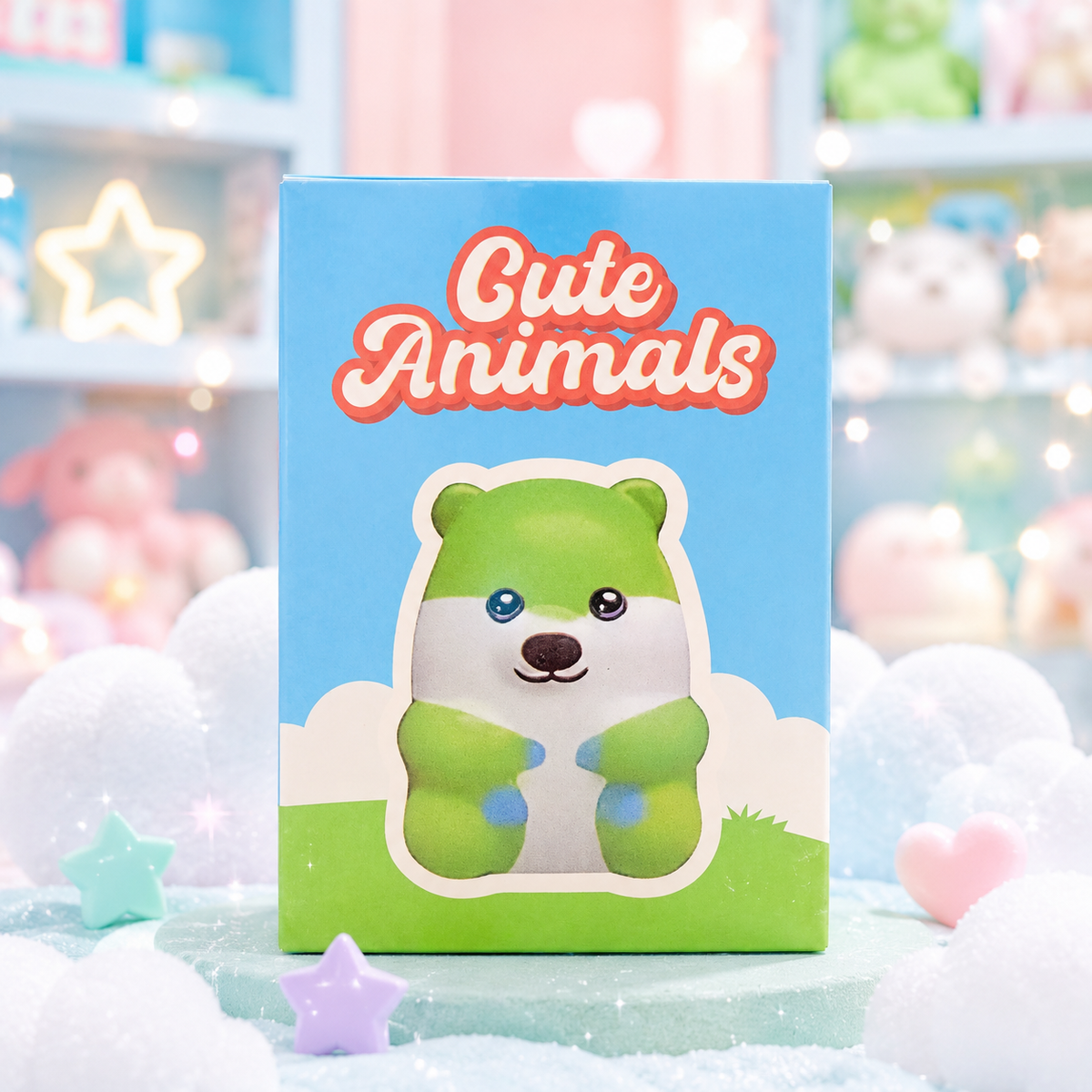 Cute Animals squishy packaging in a soft pastel cloud and toy display