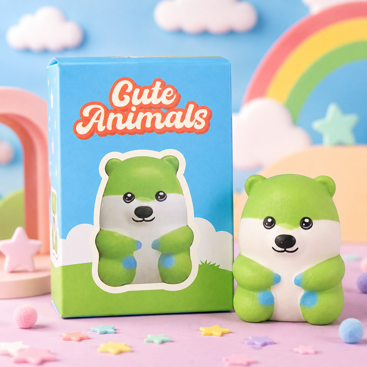 Cute Animals squishy packaging and toy in a bright pastel rainbow display