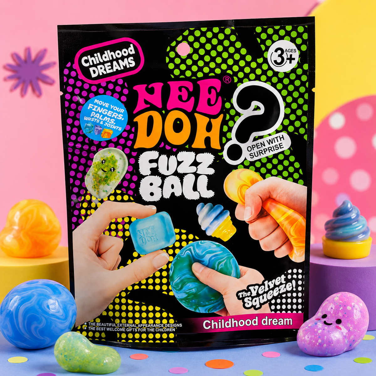 Fuzz Ball Mystery Squishy Bag in playful Scoops of Whimsy styling