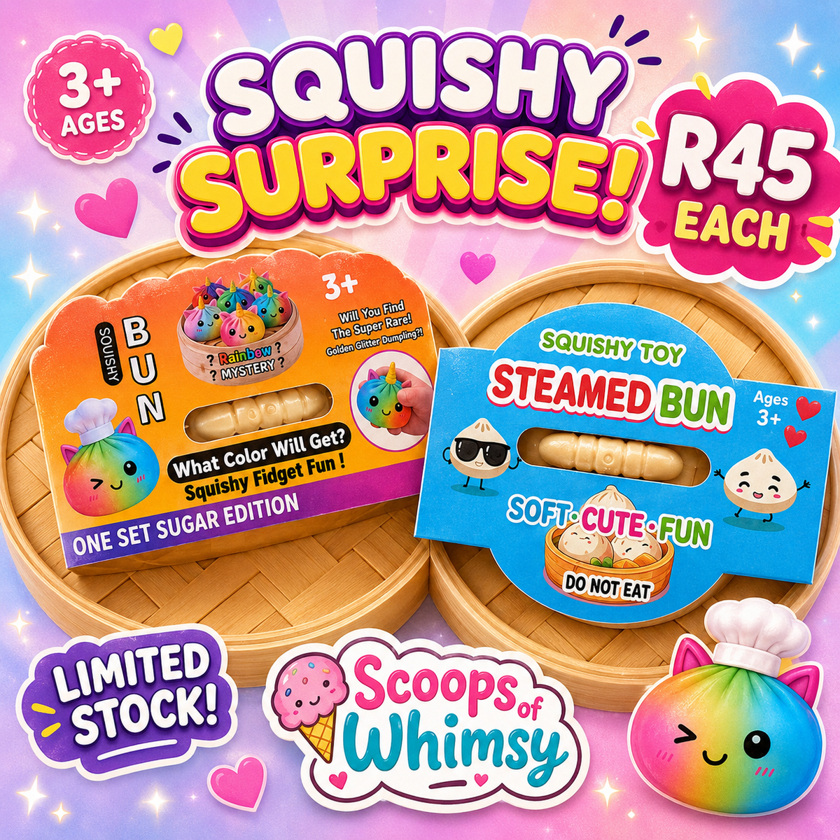 Squishy Surprise R45 each – Steamed Bun and Rainbow Mystery Bun