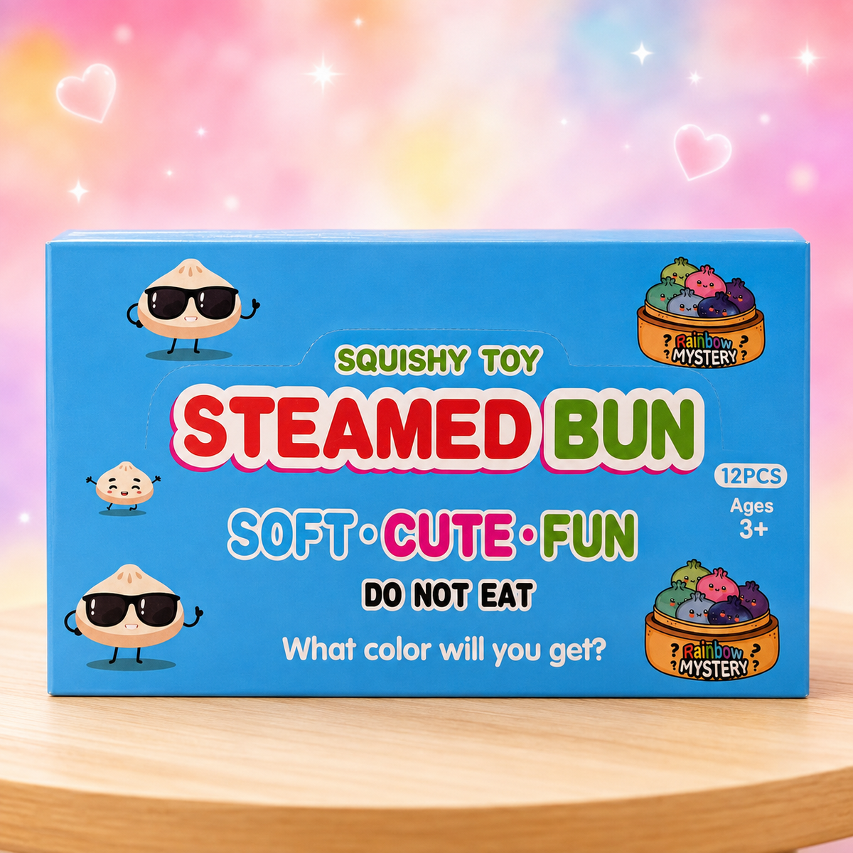 Steamed Bun squishy toy display box front in whimsical Scoops of Whimsy styling