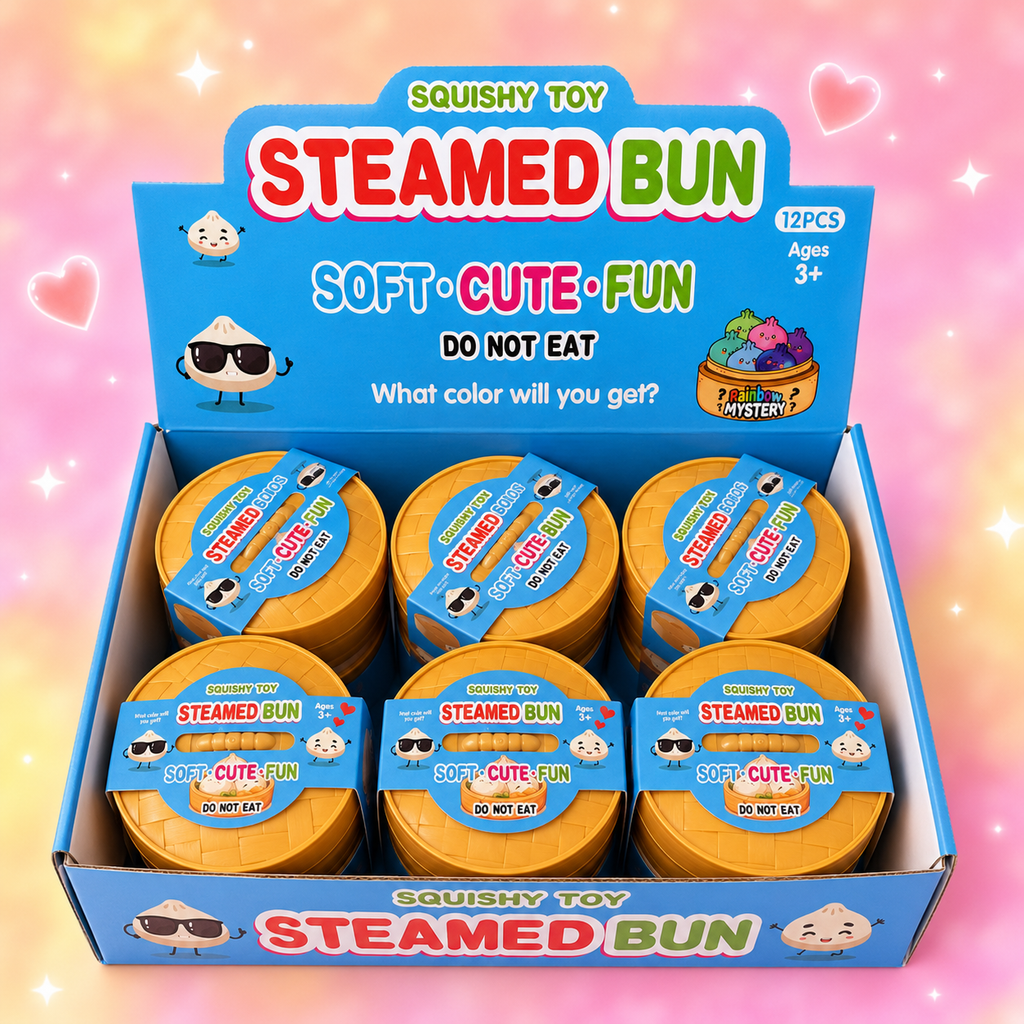 Steamed Bun squishy toy open display box in whimsical Scoops of Whimsy styling