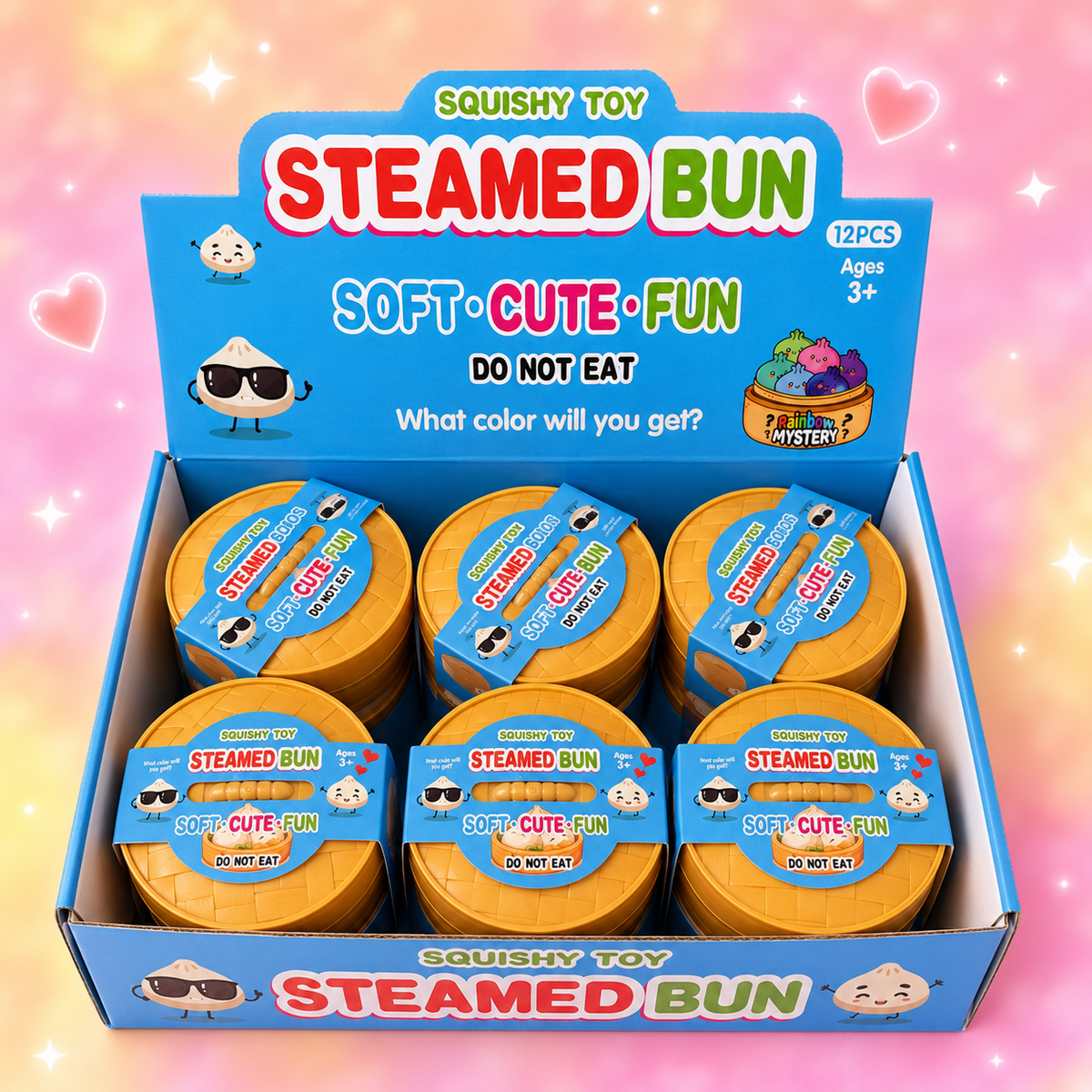 Steamed Bun squishy toy open display box in whimsical Scoops of Whimsy styling