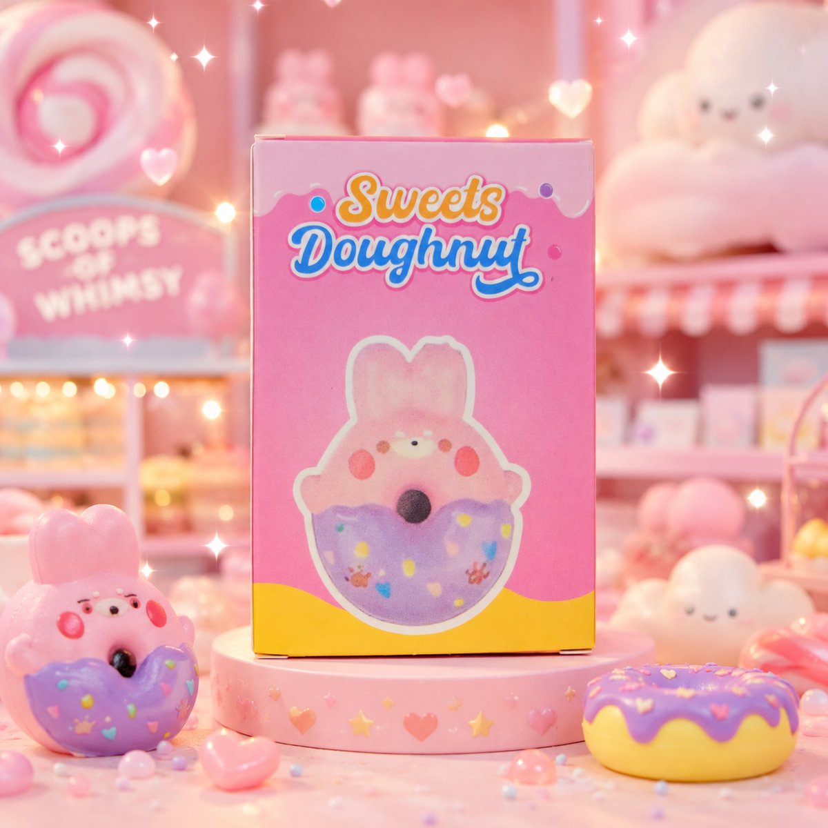 Sweet Doughnut squishy packaging in a dreamy pink Scoops of Whimsy display
