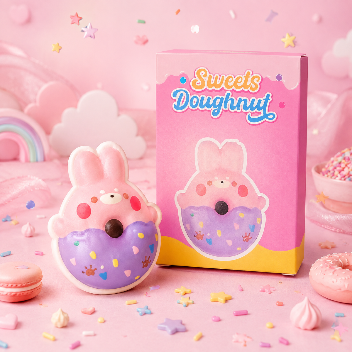 Sweet Doughnut squishy with packaging in a whimsical pastel display
