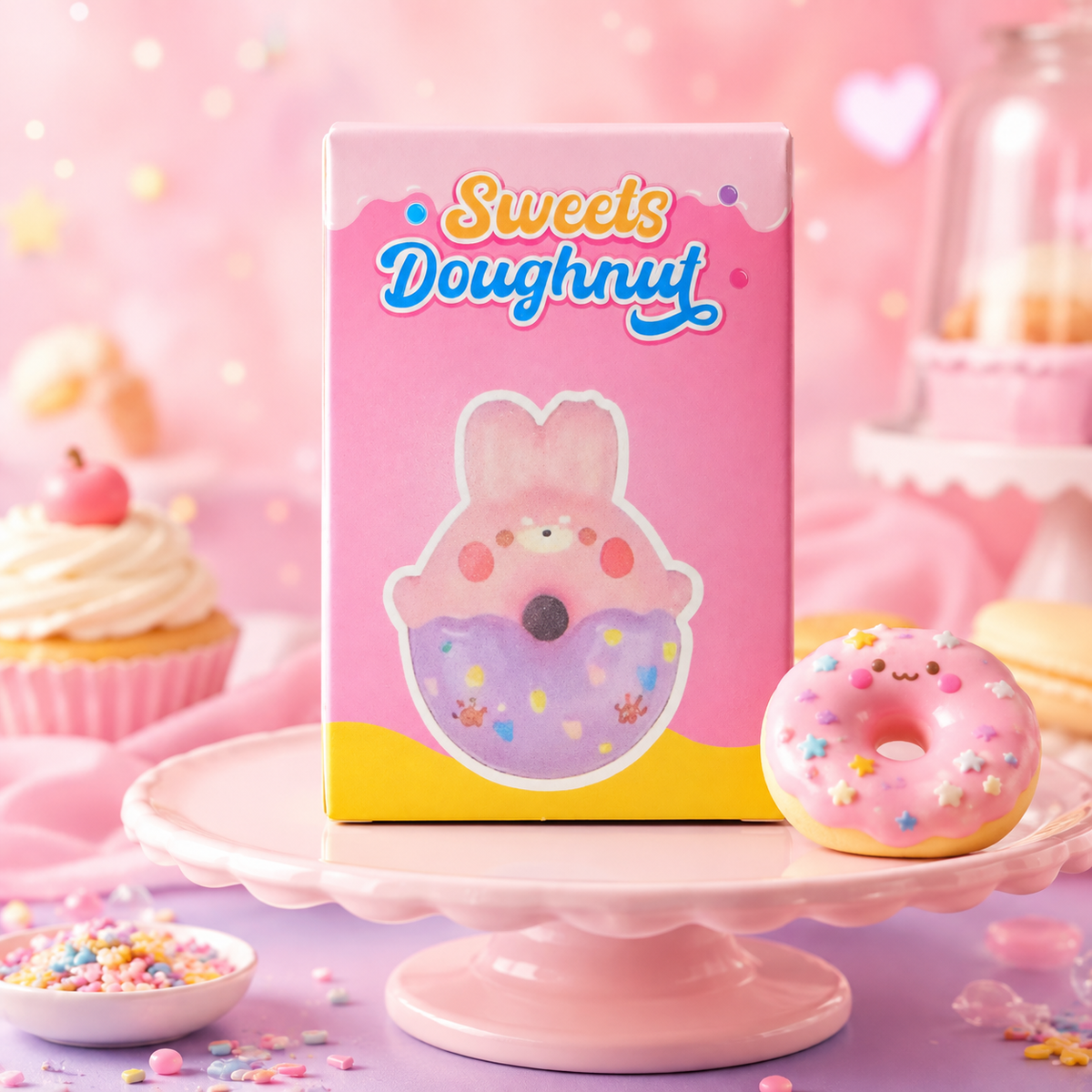 Sweet Doughnut squishy packaging on a pastel cake stand with whimsical bakery details